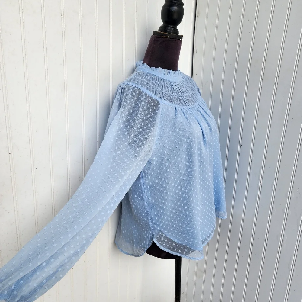 Loft Swiss Dot Ruffle Neck Balloon Sleeve Blouse Light Blue Sheer Boho Keyhole M - Picture 4 of 12